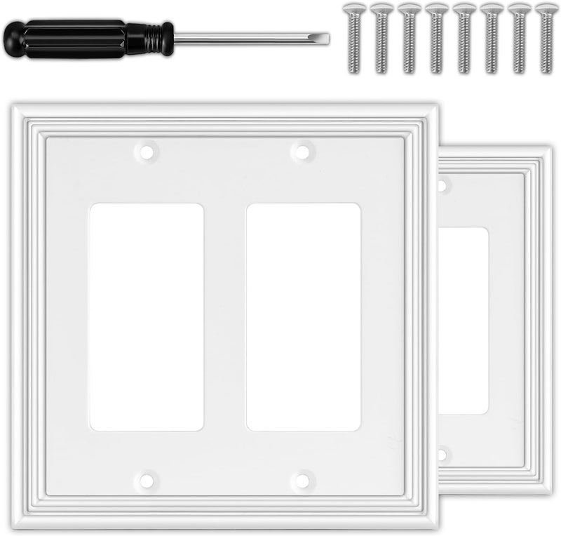 OKAYZIP White Decorative Double Decorator Switch Covers Wall Plate, Natural Material Rocker Switch Plates for Receptacle, GFCI Outlet, Dimmer Switch - Modern Style (2 Gang Decorator 2 Pack) - Image 1